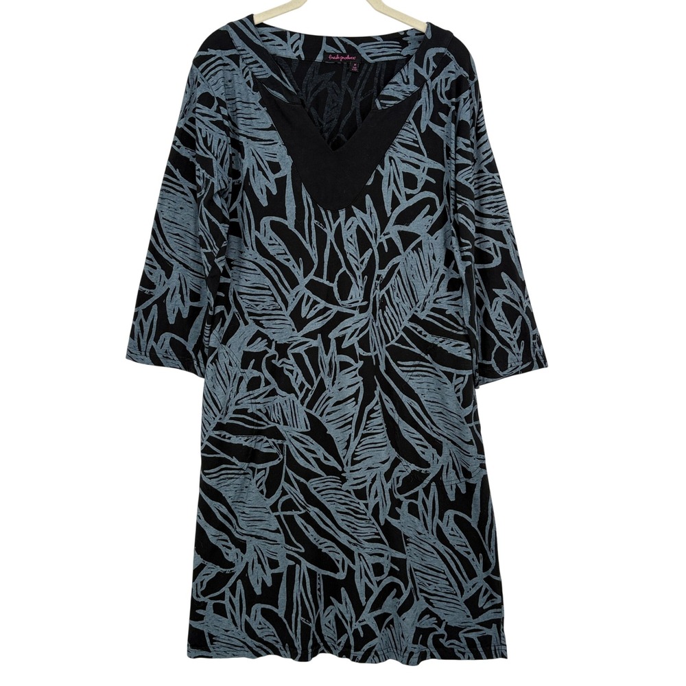 Fresh Produce Womens M Dress Blue Black Tropical Leaf Cotton V-Neck Pockets